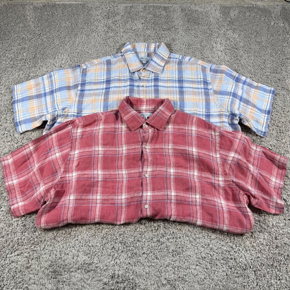 Peter Millar Lot of 2 Mens XL Linen Button Down Shirts Plaid Short Sleeve